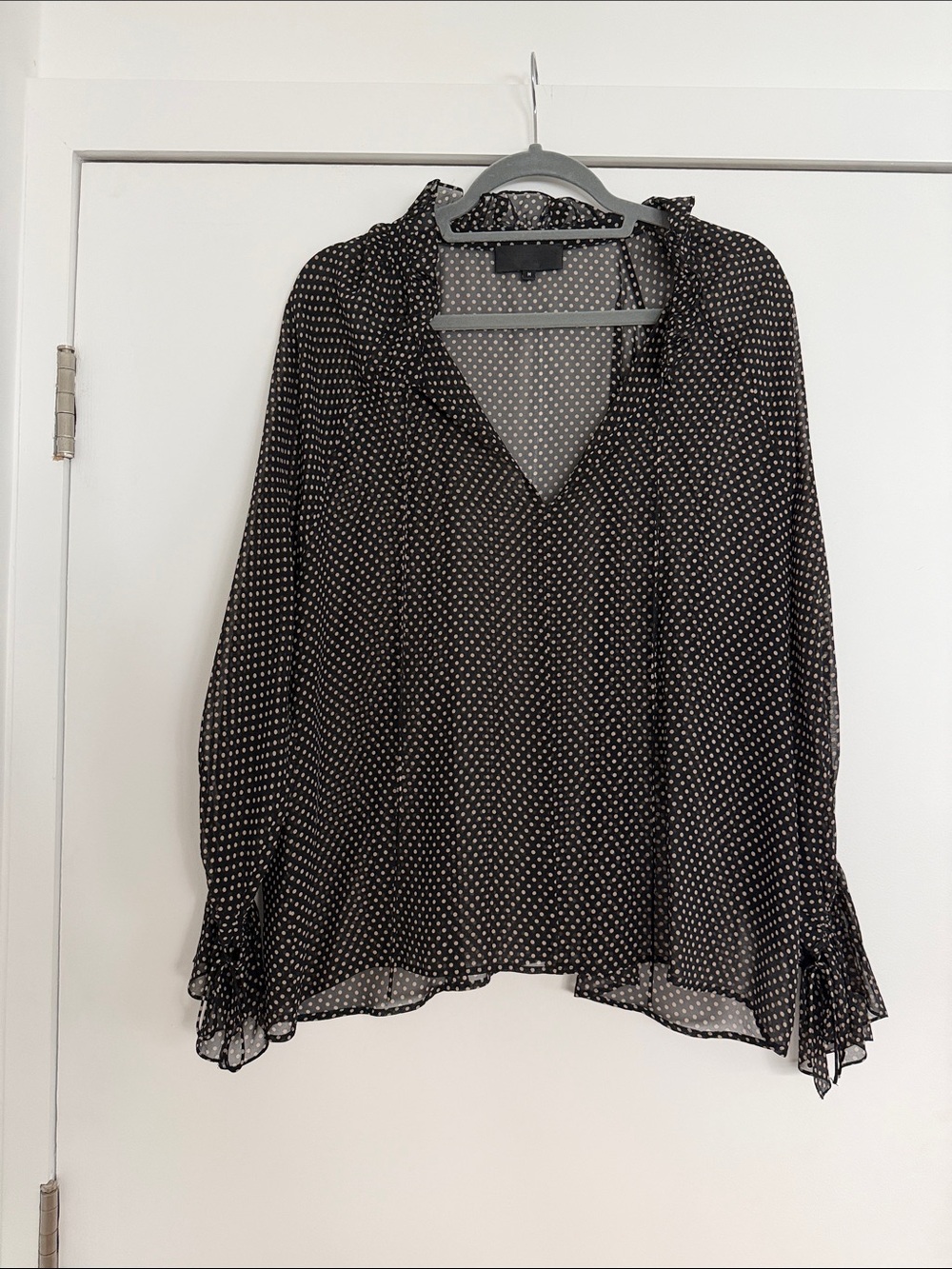 NILI NOTAN  Black Sheer Silk Polka Dot Ruffle Blouse - SZ M